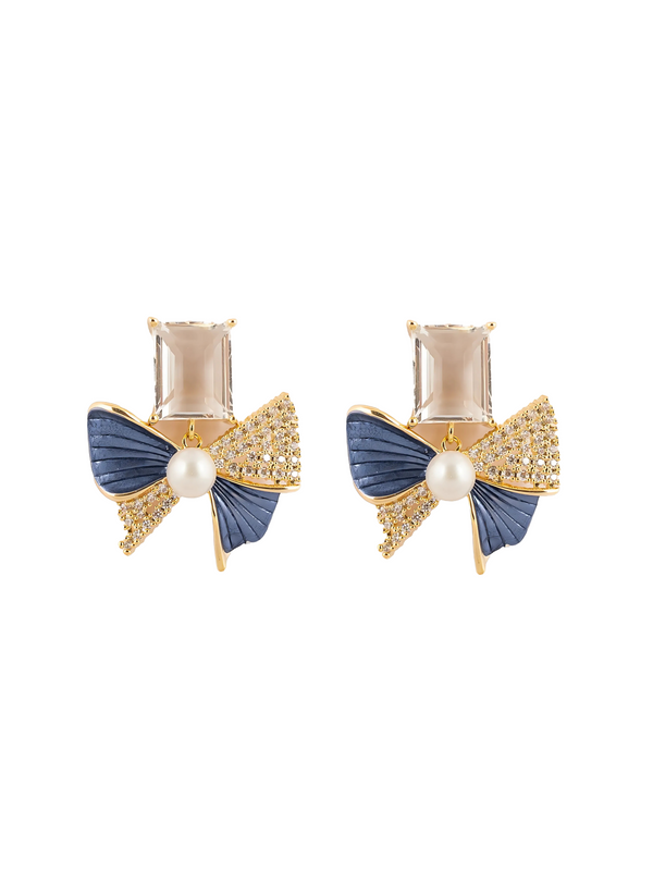 Crystal Bow Pearl Stud Earrings | Gold-Plated Stainless Steel  – KZ8812311