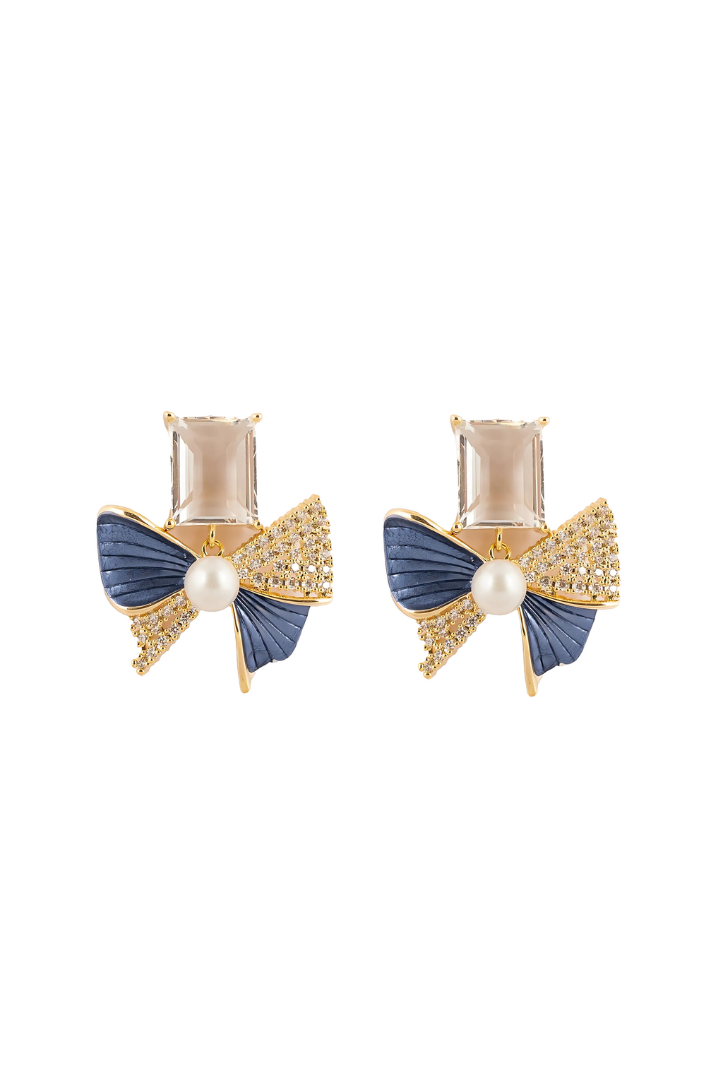 Crystal Bow Pearl Stud Earrings | Gold-Plated Stainless Steel  – KZ8812311