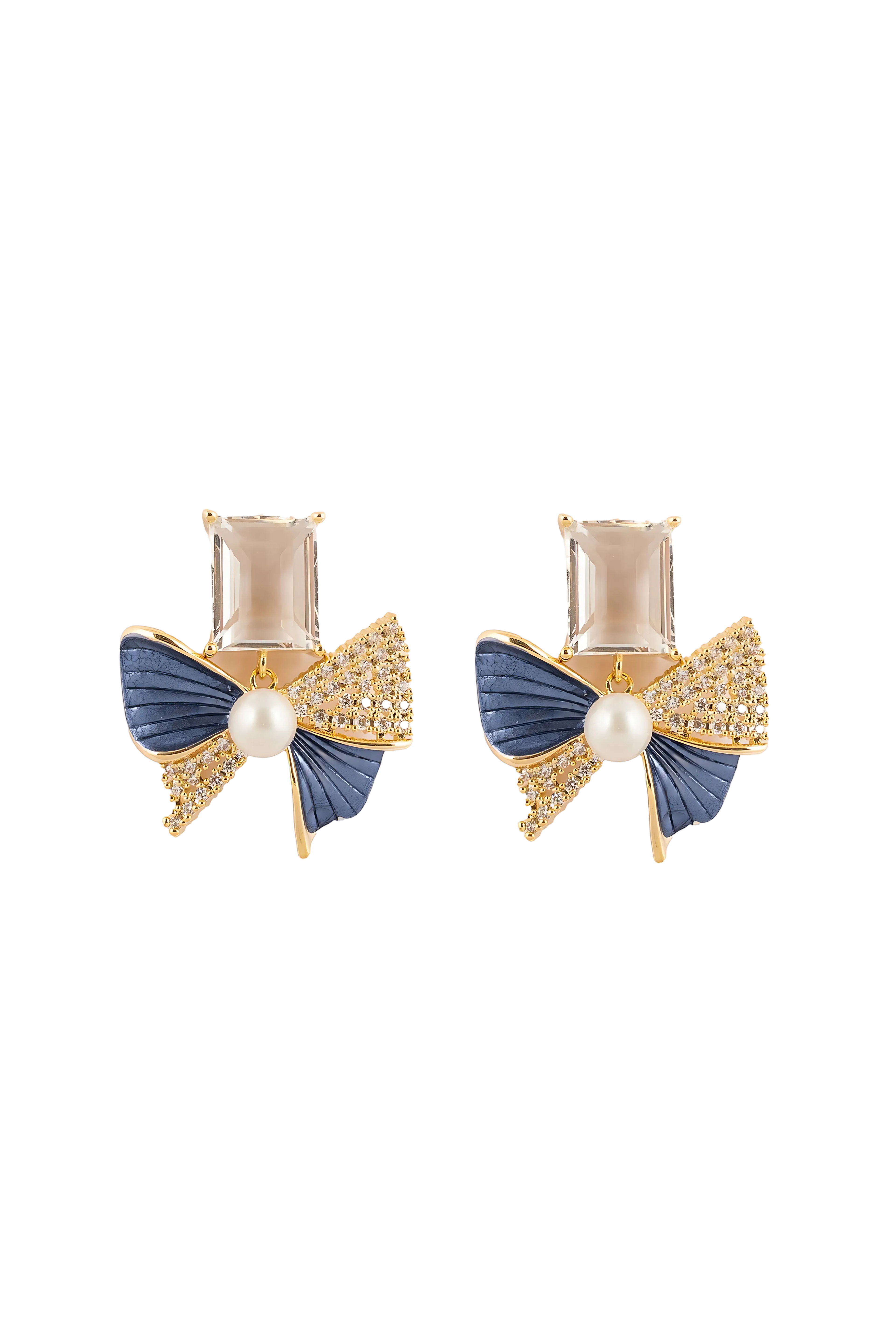 Crystal Bow Pearl Stud Earrings | Gold-Plated Stainless Steel  – KZ8812311