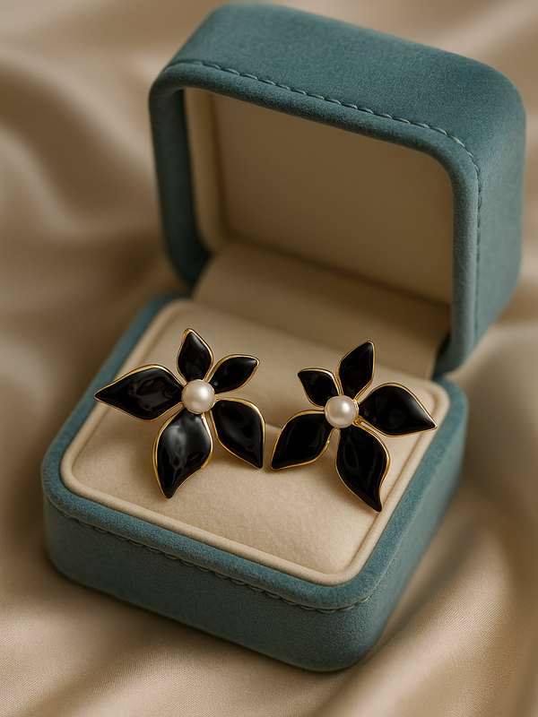 Black Flower Pearl Earrings | Gold-Plated Stainless Steel – KZ8812330