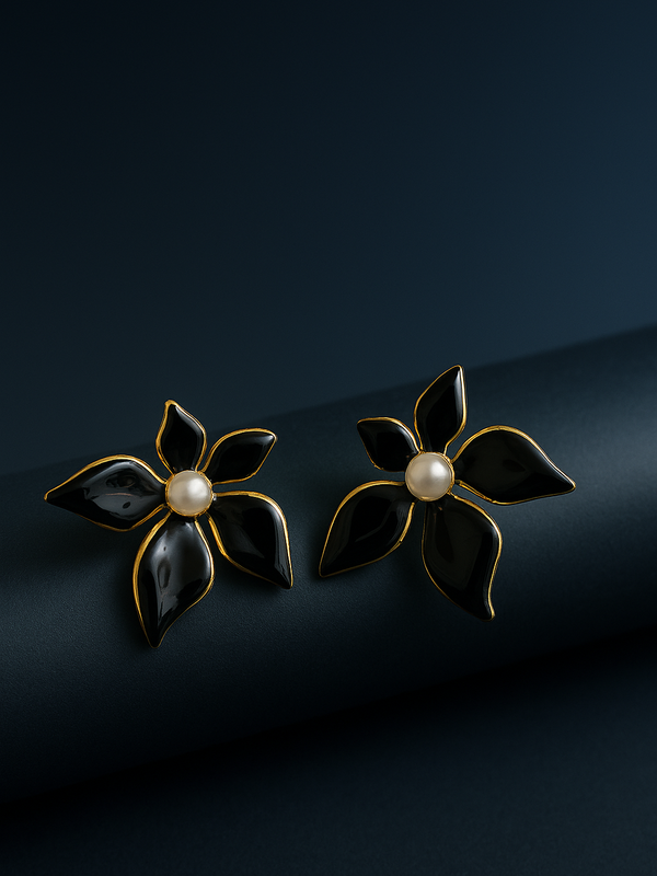 Black Flower Pearl Earrings | Gold-Plated Stainless Steel – KZ8812330