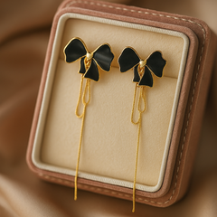 Black Bow Chain Drop Earrings | Gold-Plated Stainless Steel – KZ8812313