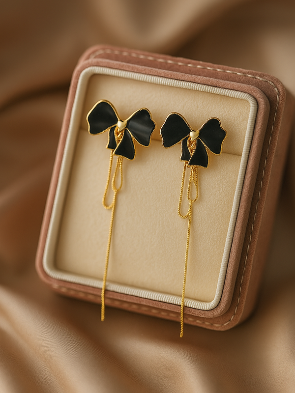 Black Bow Chain Drop Earrings | Gold-Plated Stainless Steel – KZ8812313