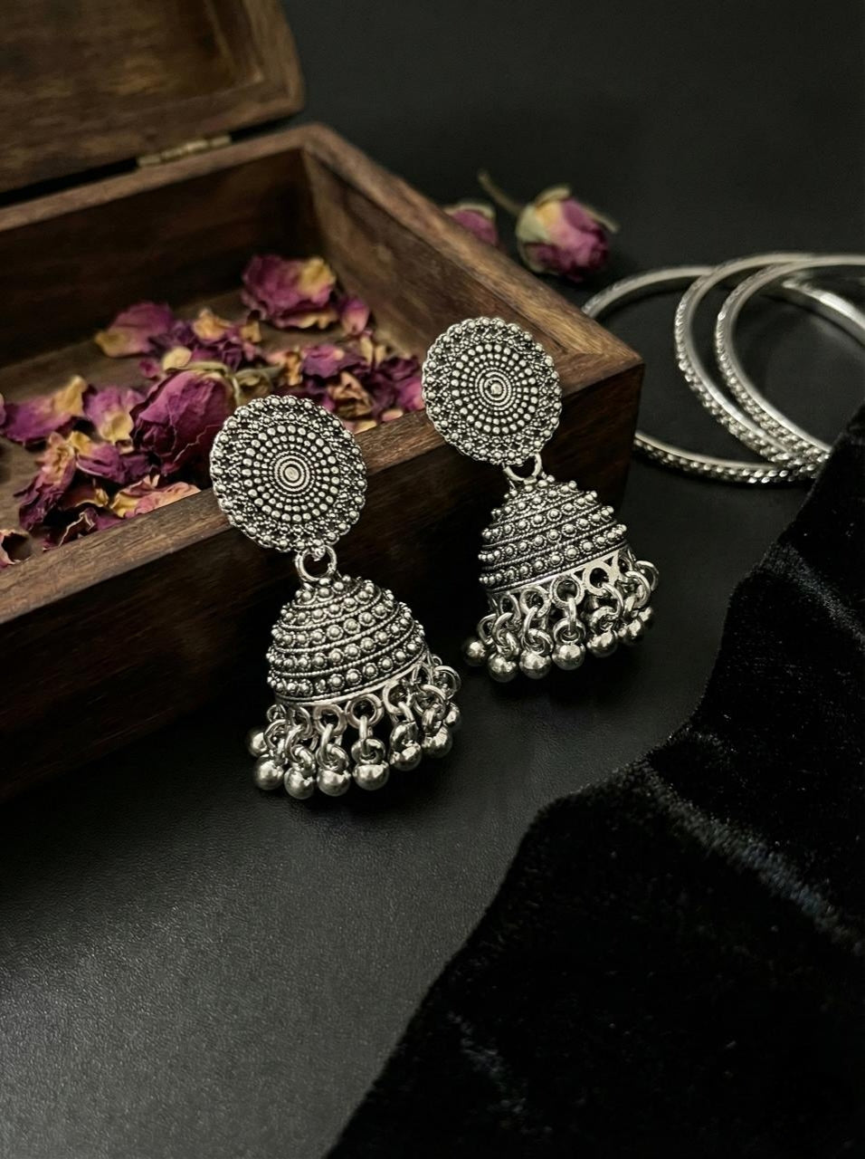 Chandralok Antique Jhumka Earrings | Silver Oxidised Earrings – PL88123111
