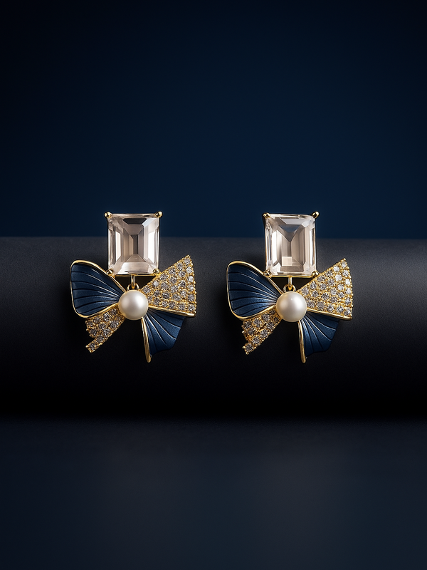 Crystal Bow Pearl Stud Earrings | Gold-Plated Stainless Steel  – KZ8812311