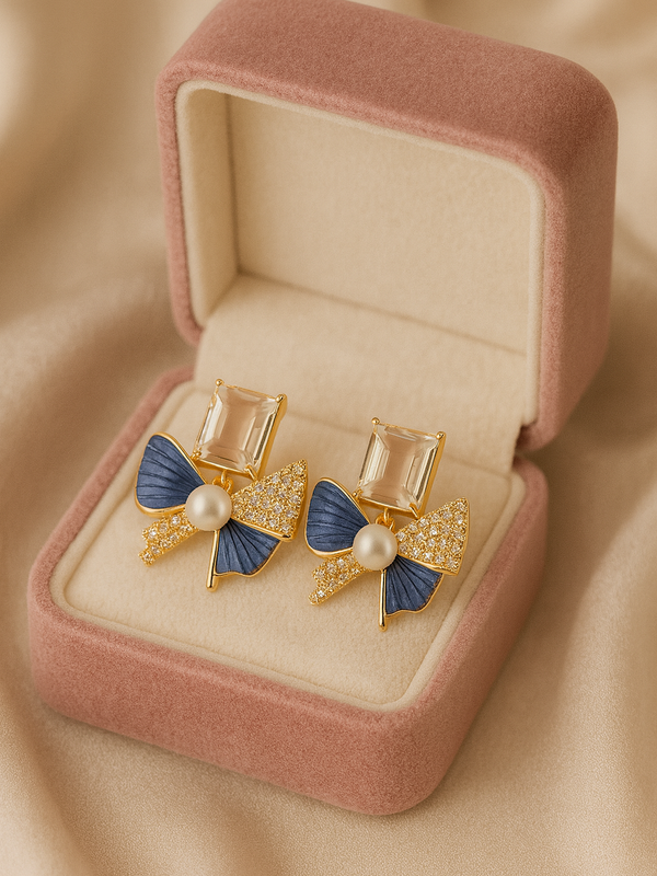 Crystal Bow Pearl Stud Earrings | Gold-Plated Stainless Steel  – KZ8812311