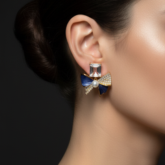 Crystal Bow Pearl Stud Earrings | Gold-Plated Stainless Steel  – KZ8812311