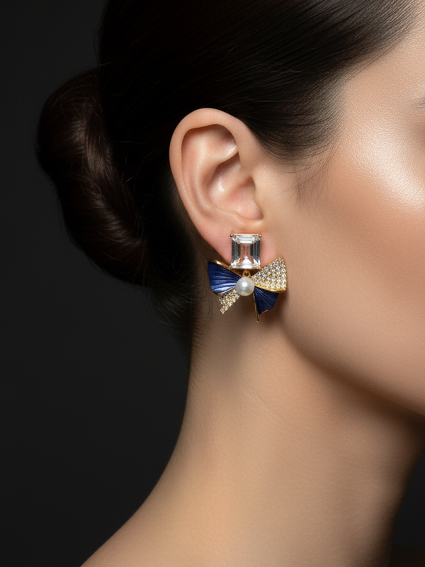 Crystal Bow Pearl Stud Earrings | Gold-Plated Stainless Steel  – KZ8812311