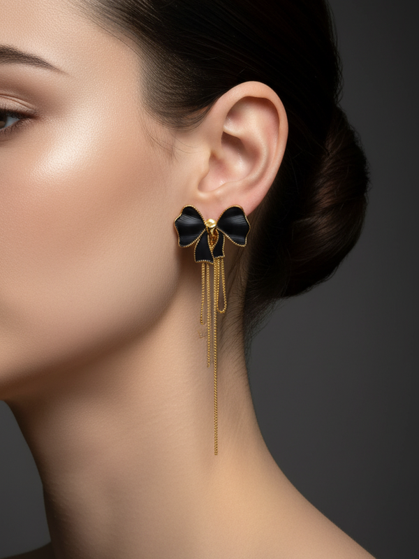 Black Bow Chain Drop Earrings | Gold-Plated Stainless Steel – KZ8812313