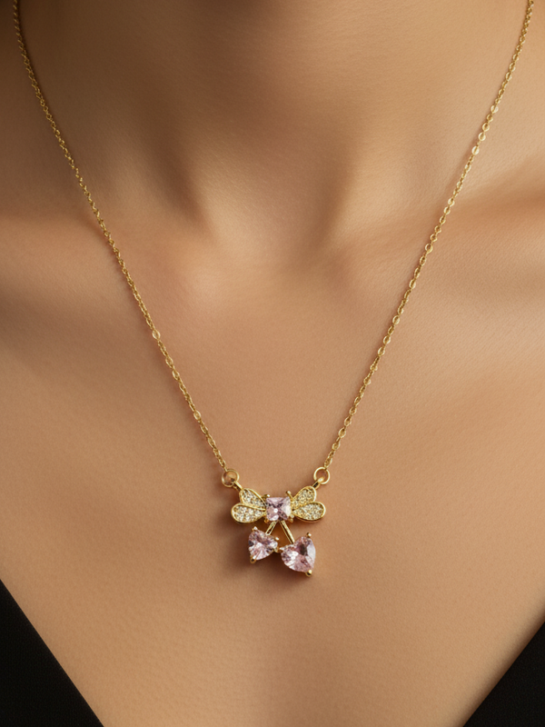 Sparkle Bow With Heart Necklace | Gold-Plated Stainless Steel – KZ881