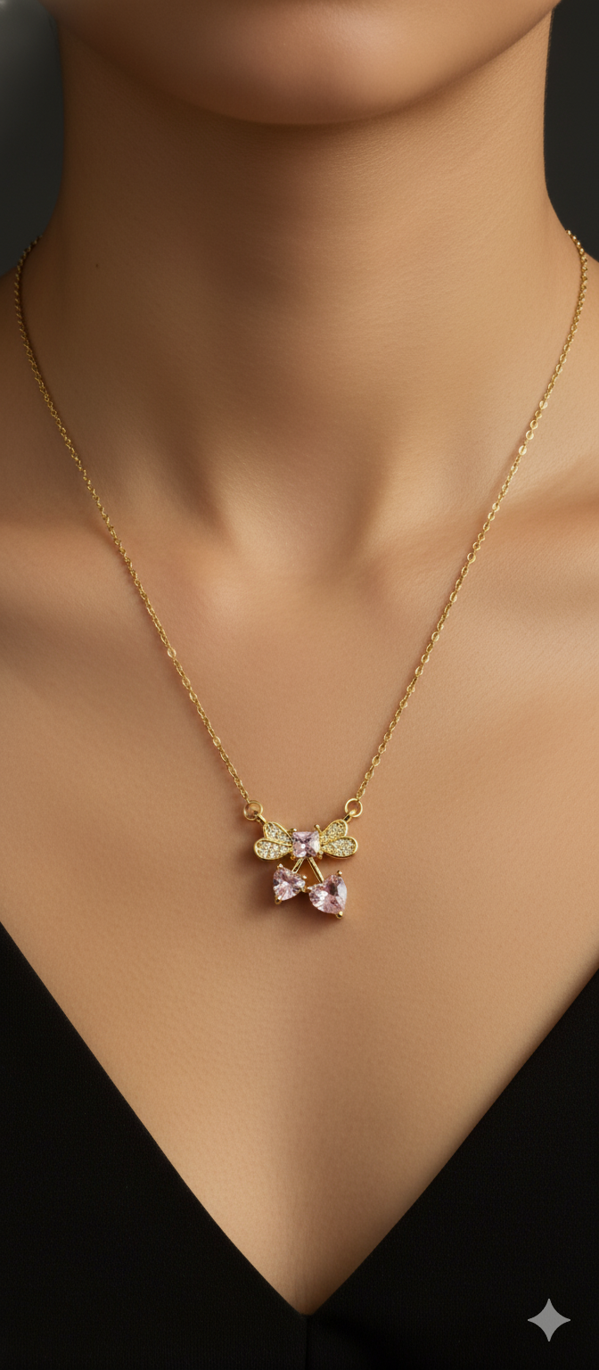 Sparkle Bow With Heart Necklace | Gold-Plated Stainless Steel – KZ881