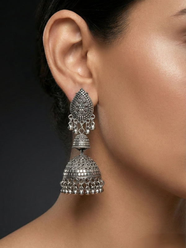 Shikhar Naad Jhumkas | Silver Oxidised Earrings – JAY88123122