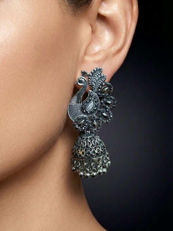Mayura Shobha Jhumkas | Silver Oxidised Earrings – JAY88123128