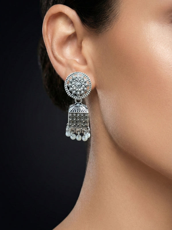 Kohra Pearl Box Jhumkas | Silver Oxidised Earrings – PL88123114
