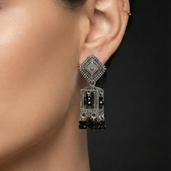 Katha Black Pearl Cage Jhumkas | Silver Oxidised Earrings – PL88123116