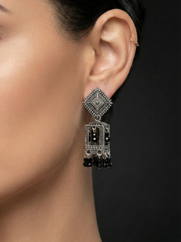 Katha Black Pearl Cage Jhumkas | Silver Oxidised Earrings – PL88123116