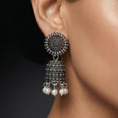 Pratha Traditional Pearl Jhumkas | Silver Oxidised Earrings – PL88123118