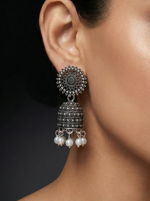 Pratha Traditional Pearl Jhumkas | Silver Oxidised Earrings – PL88123118