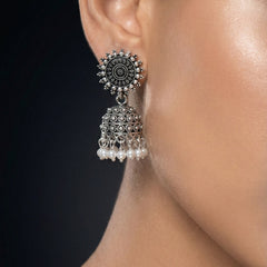 Chandrika Pearl Oxidized Jhumkas | Silver Oxidised Earrings – PL88123110