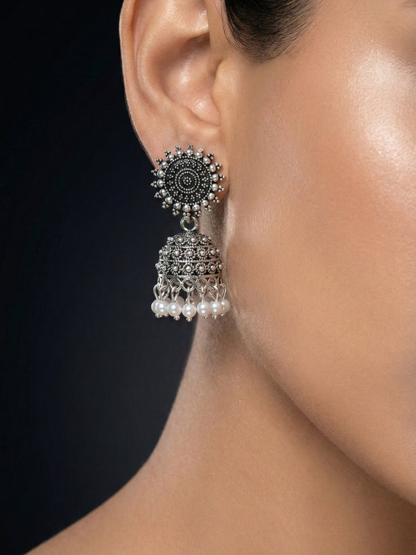 Chandrika Pearl Oxidized Jhumkas | Silver Oxidised Earrings – PL88123110
