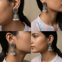 Chandrika Pearl Oxidized Jhumkas | Silver Oxidised Earrings – PL88123110