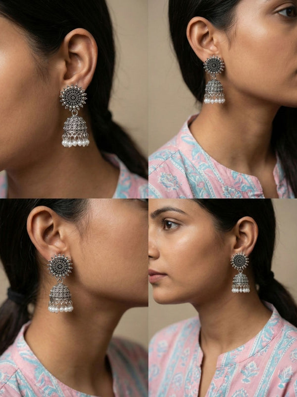 Chandrika Pearl Oxidized Jhumkas | Silver Oxidised Earrings – PL88123110