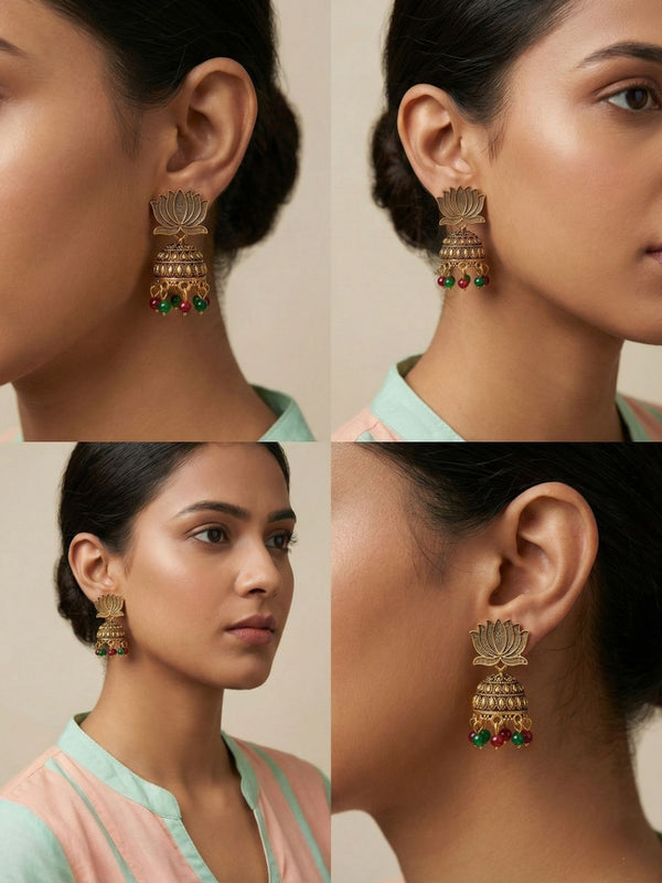 Shringaar Lotus Jhumkis | Silver Oxidised Earrings – PL88123108