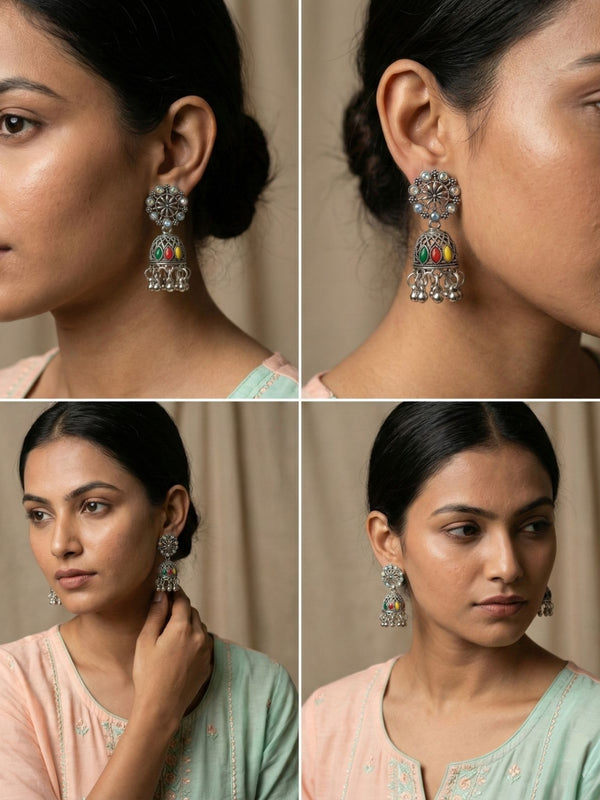 Navrang Oxidized Jhumkas | Silver Oxidised Earrings – PL88123109