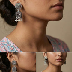 Kohra Pearl Box Jhumkas | Silver Oxidised Earrings – PL88123114