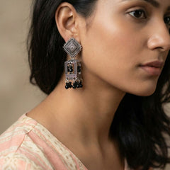 Katha Black Pearl Cage Jhumkas | Silver Oxidised Earrings – PL88123116