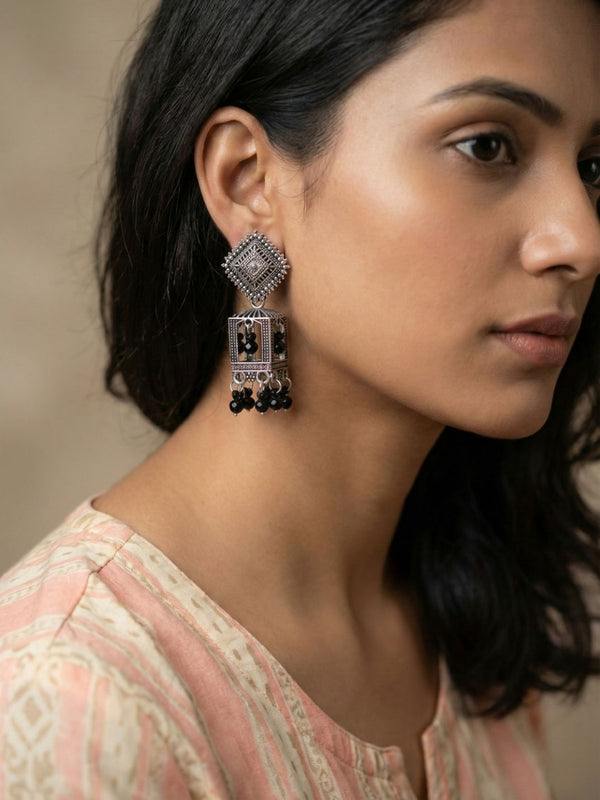 Katha Black Pearl Cage Jhumkas | Silver Oxidised Earrings – PL88123116