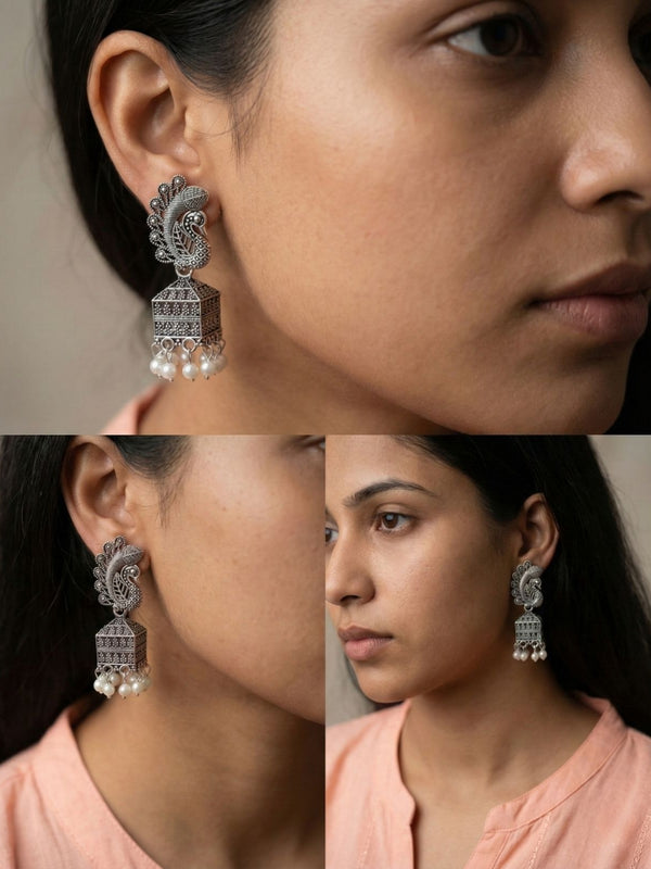 Morni Pearl Drop Earrings | Silver Oxidised Earrings – PL88123120
