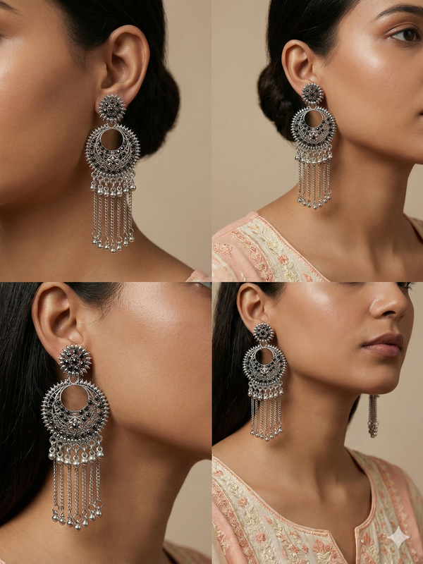 ChandraNaad Tassel Earrings | Silver Oxidised Earrings – JAY88123124
