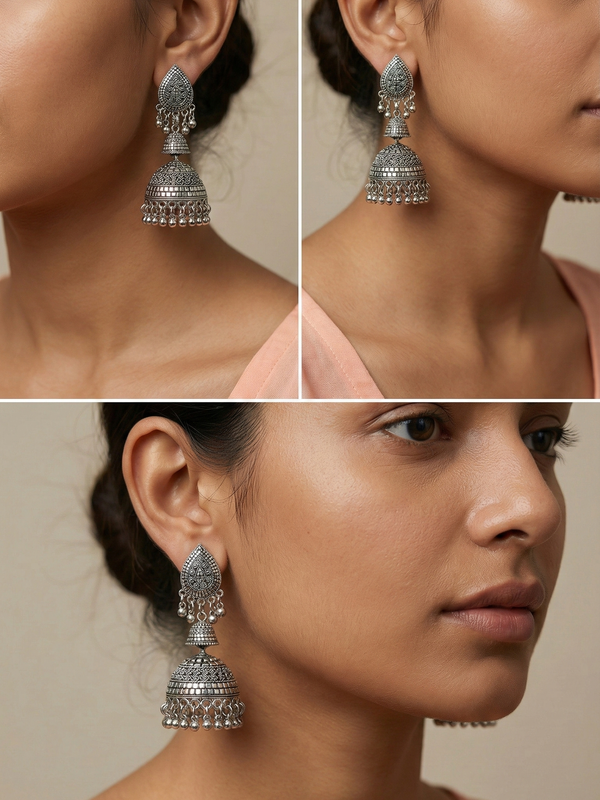 Shikhar Naad Jhumkas | Silver Oxidised Earrings – JAY88123122