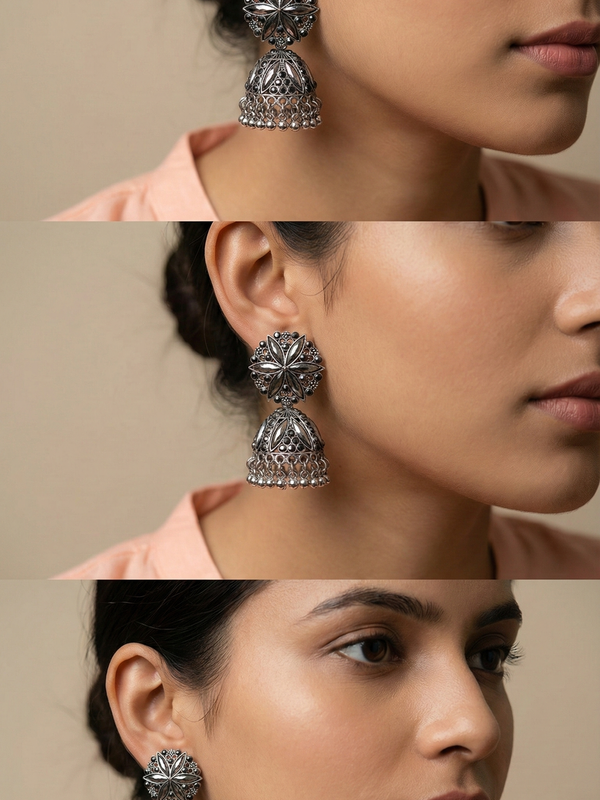 AshtaPushpa Jhumkas | Silver Oxidised Earrings – JAY88123126
