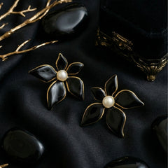 Black Flower Pearl Earrings | Gold-Plated Stainless Steel – KZ8812330