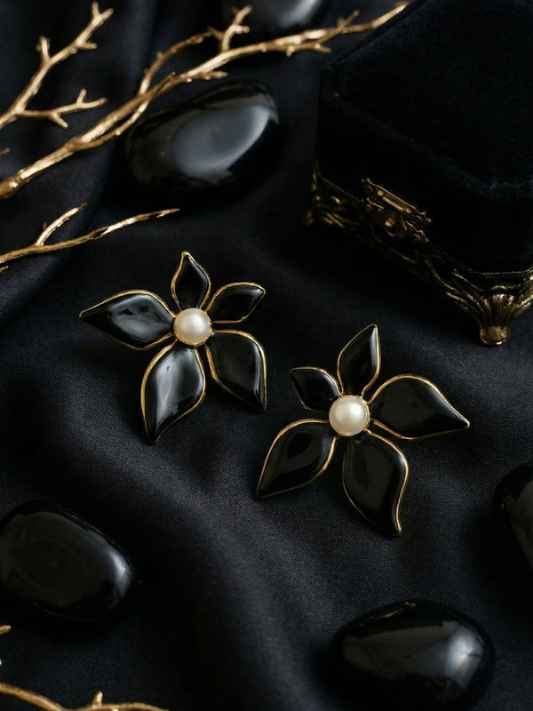 Black Flower Pearl Earrings | Gold-Plated Stainless Steel – KZ8812330