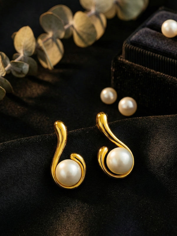 Infinity Curve Pearl Earrings | Gold-Plated Stainless Steel  – KZ8812339