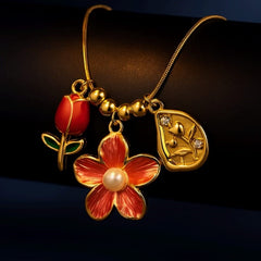 Coral Flower and Bud Necklace | Gold-Plated Stainless Steel – KZ8812326