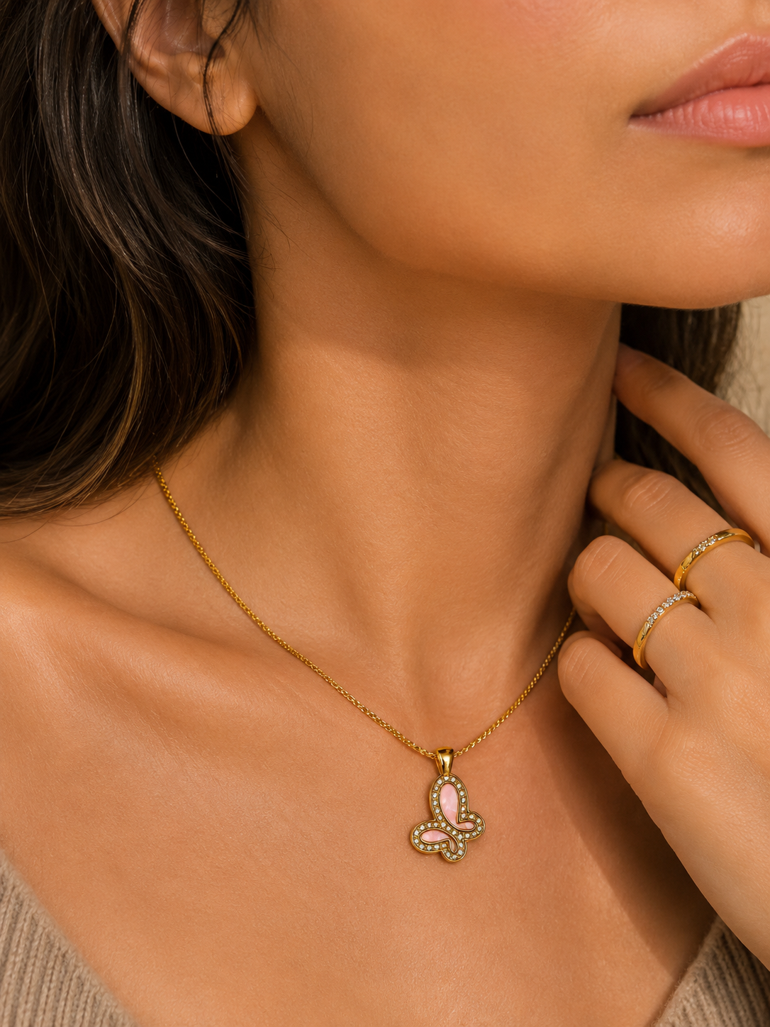 Pink Flutter Butterfly Necklace | Gold-Plated Stainless Steel – KZ88123140