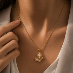 Pink Flutter Butterfly Necklace | Gold-Plated Stainless Steel – KZ88123140
