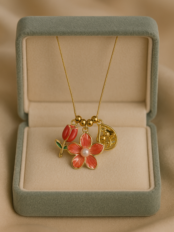 Coral Flower and Bud Necklace | Gold-Plated Stainless Steel – KZ8812326