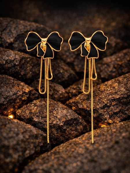Black Bow Chain Drop Earrings | Gold-Plated Stainless Steel – KZ8812313