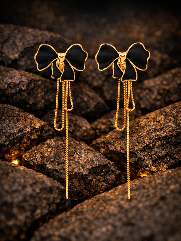 Black Bow Chain Drop Earrings | Gold-Plated Stainless Steel – KZ8812313