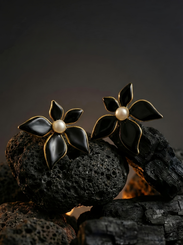 Black Flower Pearl Earrings | Gold-Plated Stainless Steel – KZ8812330