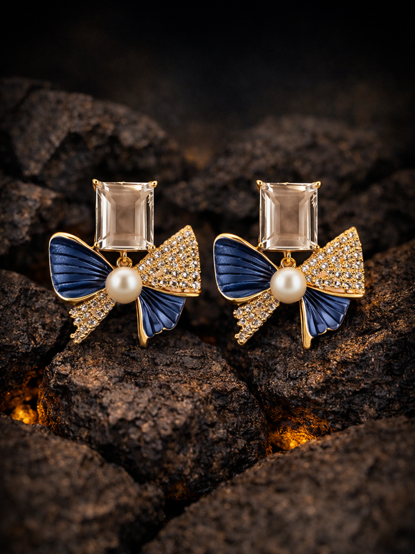 Crystal Bow Pearl Stud Earrings | Gold-Plated Stainless Steel  – KZ8812311