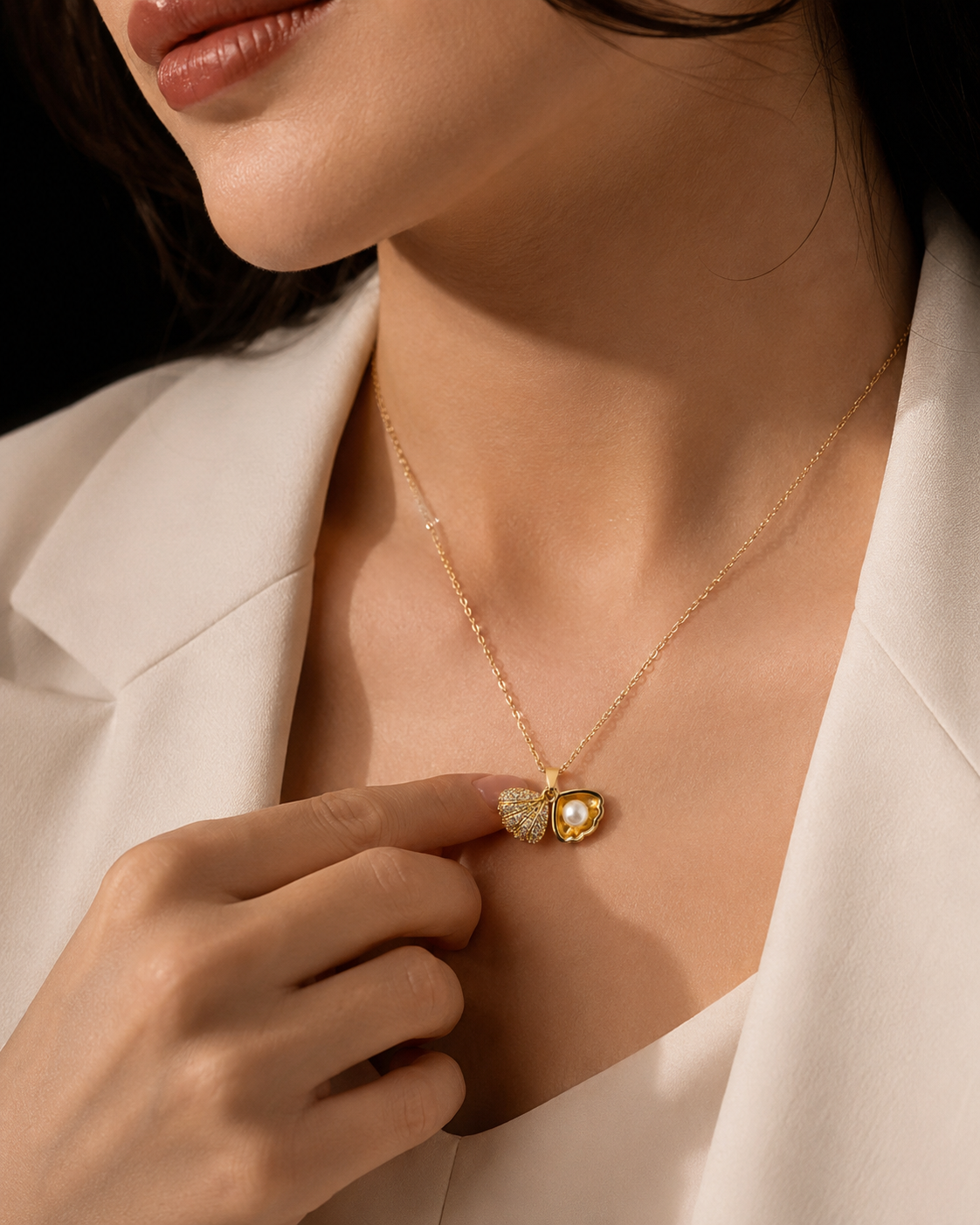 Sparkling Seashell Locket Necklace | Gold-Plated Stainless Steel – KZ8812308