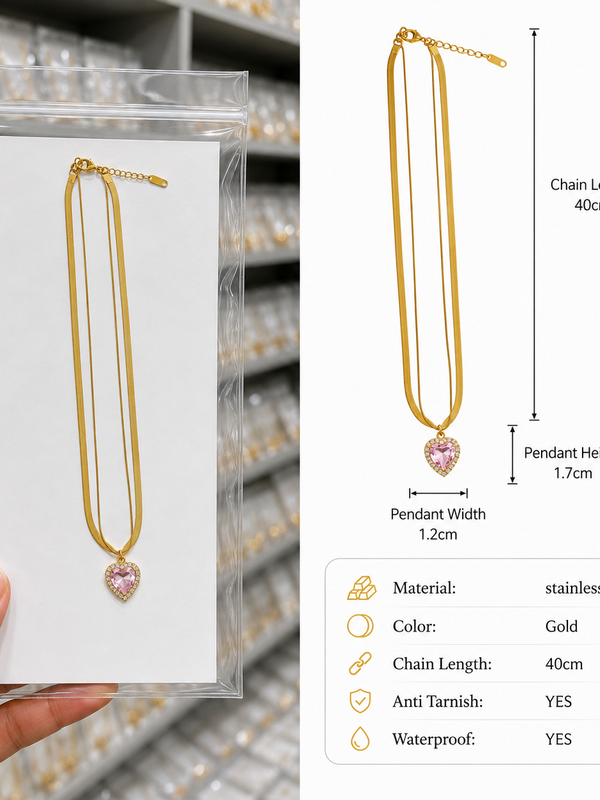 Crystal Pink Heart Layer Necklace | Gold-Plated Stainless Steel – KZ88123209
