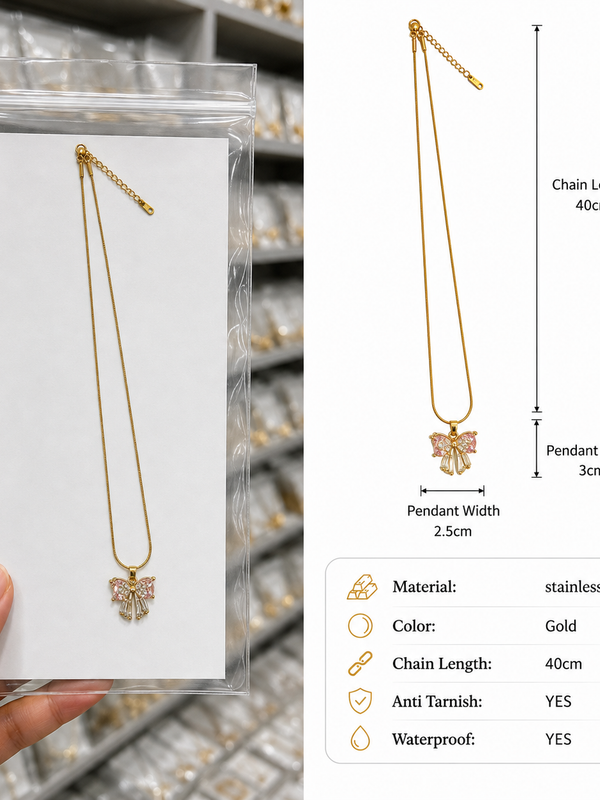 Pink Grace Bow Necklace | Gold-Plated Stainless Steel – KZ88123211
