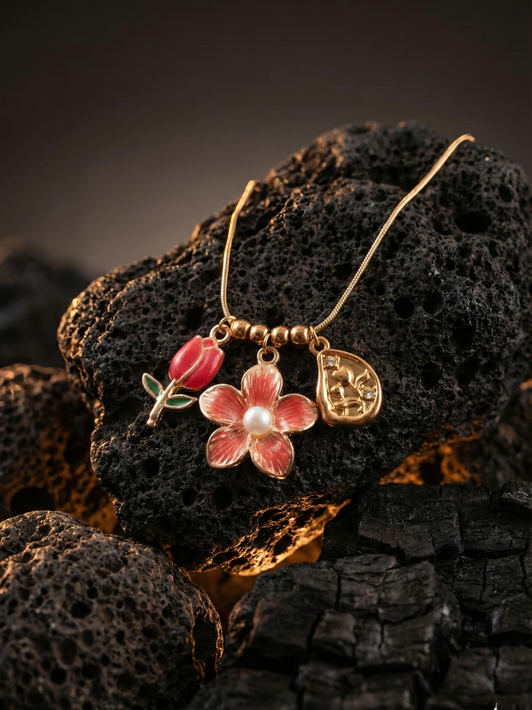 Coral Flower and Bud Necklace | Gold-Plated Stainless Steel – KZ8812326